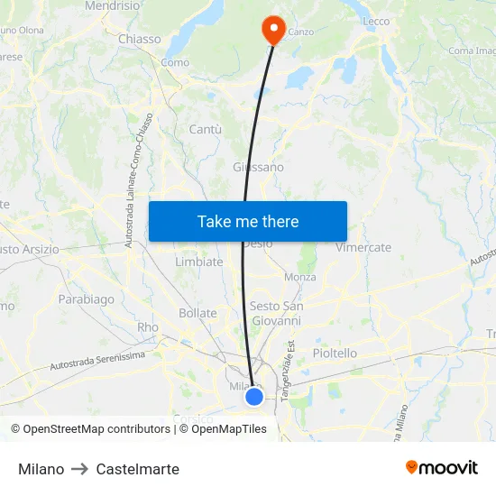 Milan to Castelmarte map