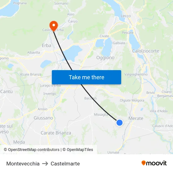 Montevecchia to Castelmarte map