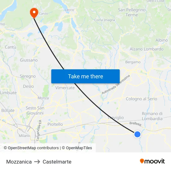 Mozzanica to Castelmarte map