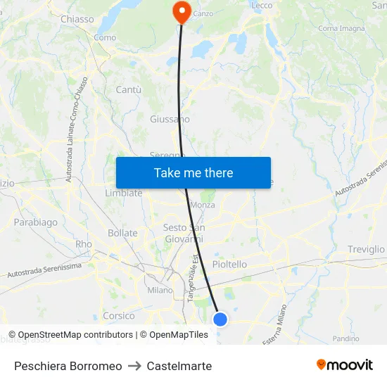 Peschiera Borromeo to Castelmarte map