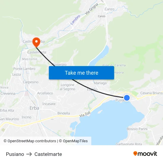 Pusiano to Castelmarte map