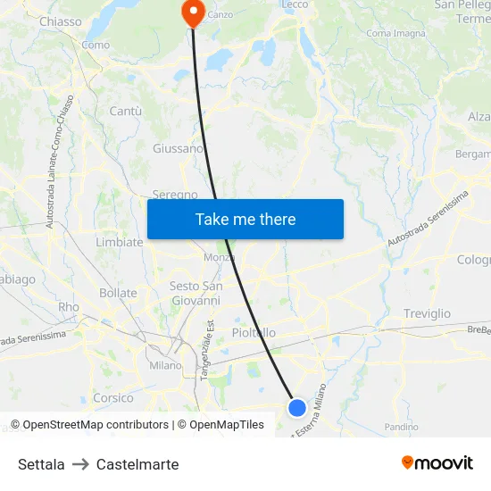 Settala to Castelmarte map