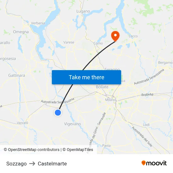 Sozzago to Castelmarte map