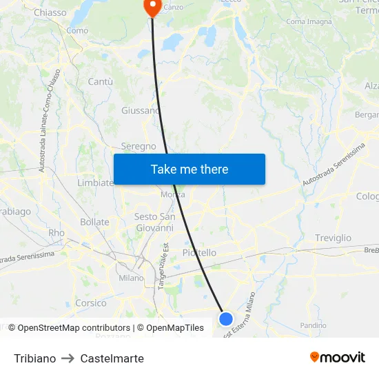 Tribiano to Castelmarte map