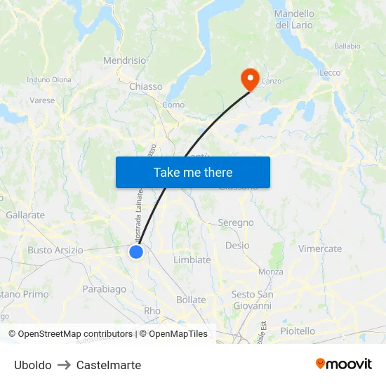 Uboldo to Castelmarte map