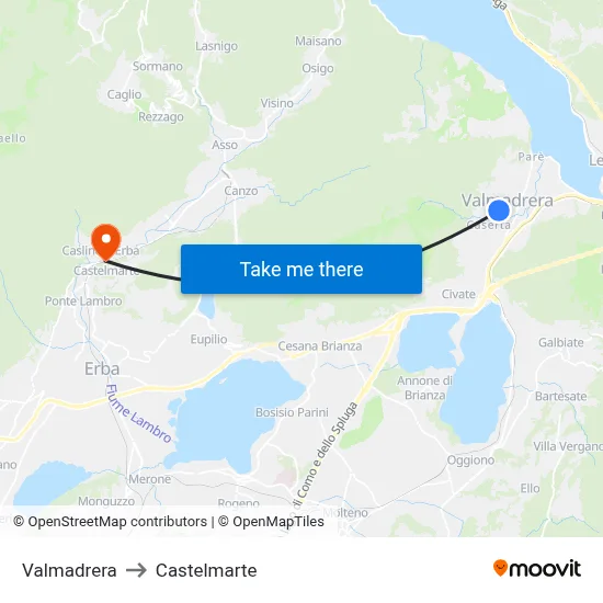 Valmadrera to Castelmarte map