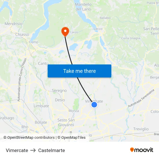 Vimercate to Castelmarte map