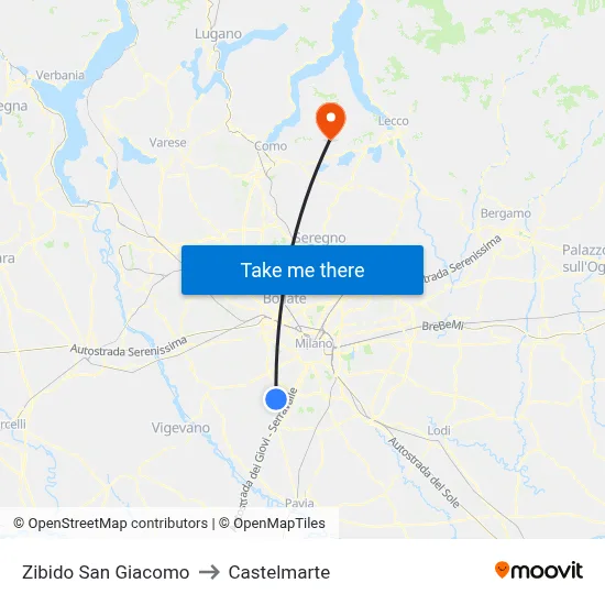 Zibido San Giacomo to Castelmarte map