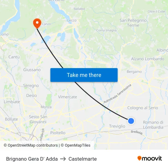 Brignano Gera D' Adda to Castelmarte map