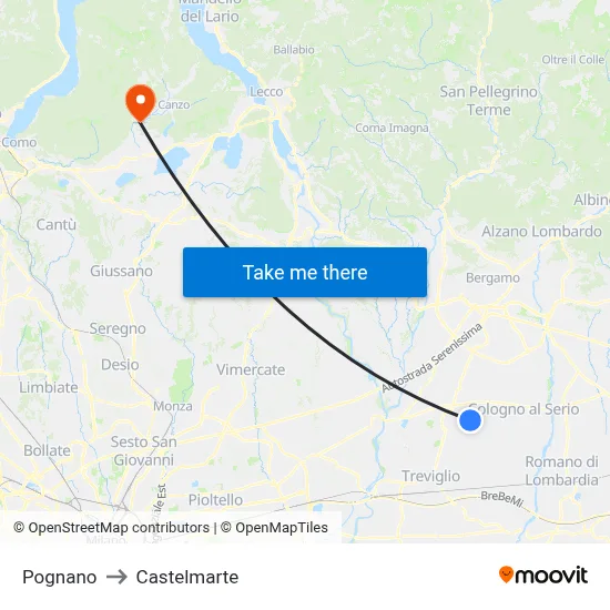 Pognano to Castelmarte map