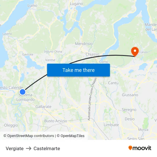 Vergiate to Castelmarte map