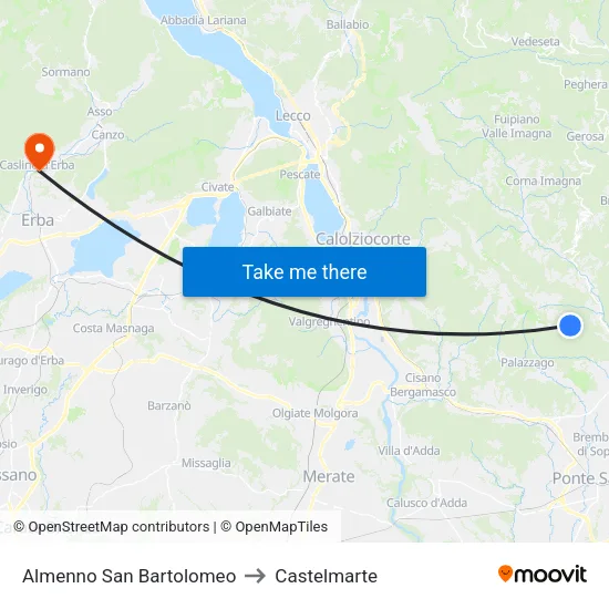 Almenno San Bartolomeo to Castelmarte map