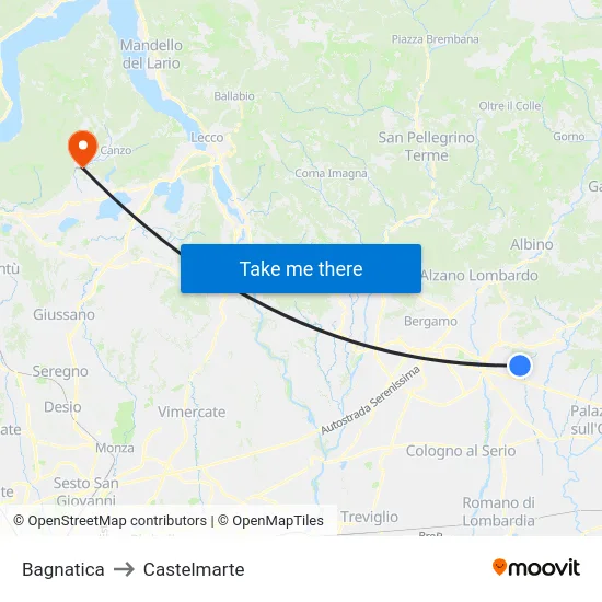 Bagnatica to Castelmarte map
