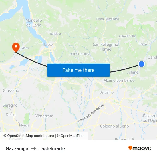 Gazzaniga to Castelmarte map