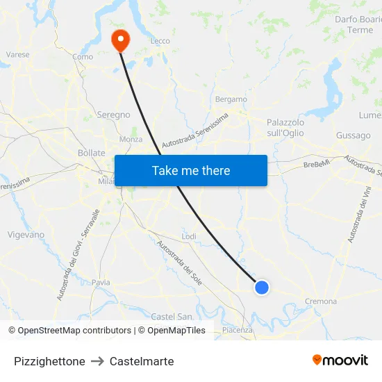 Pizzighettone to Castelmarte map