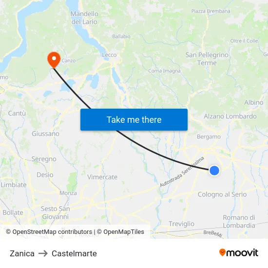 Zanica to Castelmarte map