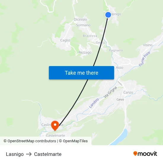 Lasnigo to Castelmarte map