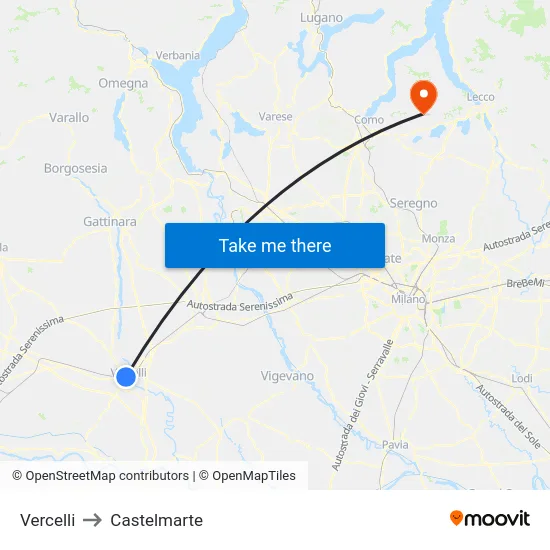 Vercelli to Castelmarte map