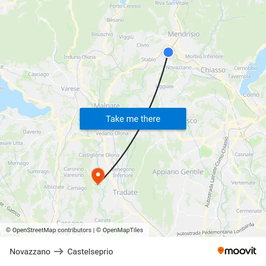 Novazzano to Castelseprio map