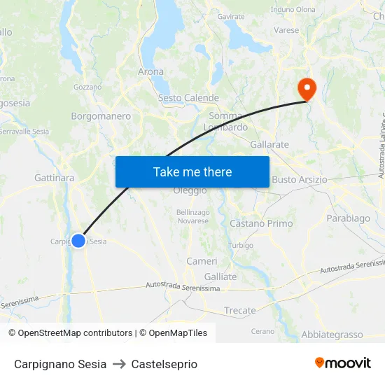 Carpignano Sesia to Castelseprio map
