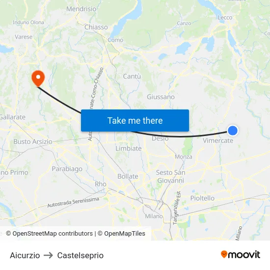 Aicurzio to Castelseprio map