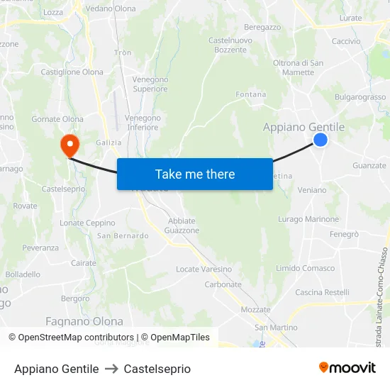Appiano Gentile to Castelseprio map