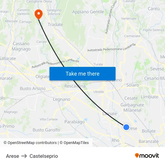 Arese to Castelseprio map