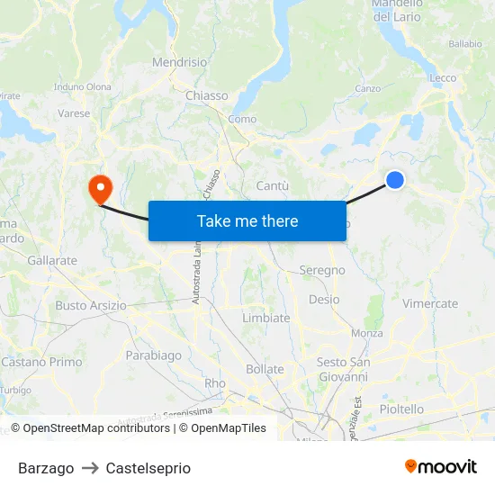 Barzago to Castelseprio map
