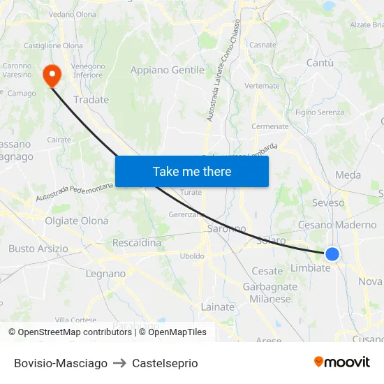 Bovisio-Masciago to Castelseprio map