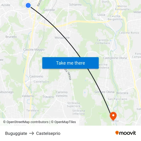 Buguggiate to Castelseprio map