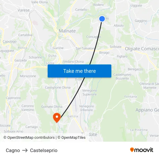 Cagno to Castelseprio map