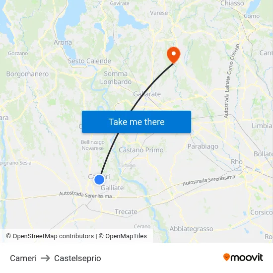 Cameri to Castelseprio map
