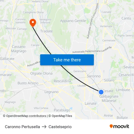 Caronno Pertusella to Castelseprio map