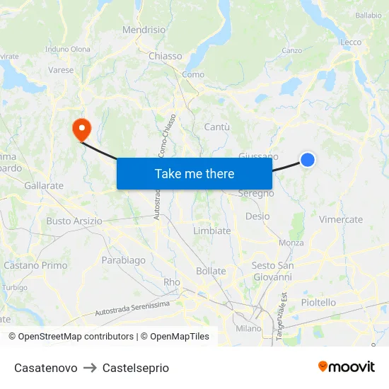 Casatenovo to Castelseprio map
