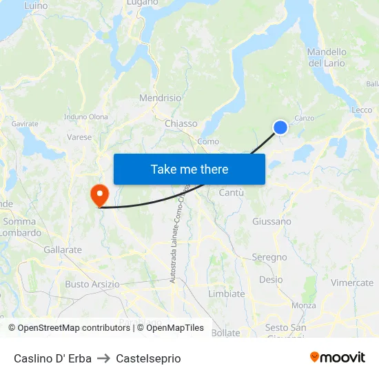 Caslino d'Erba to Castelseprio map