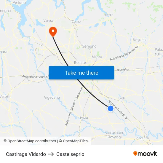 Castiraga Vidardo to Castelseprio map