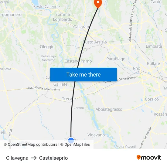 Cilavegna to Castelseprio map