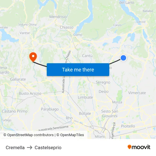 Cremella to Castelseprio map