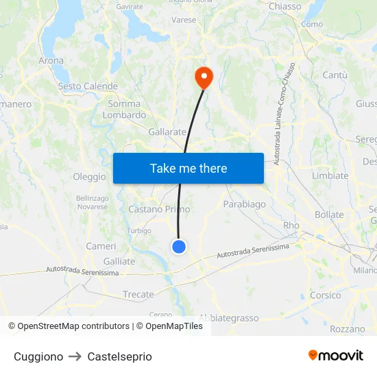 Cuggiono to Castelseprio map