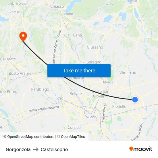 Gorgonzola to Castelseprio map