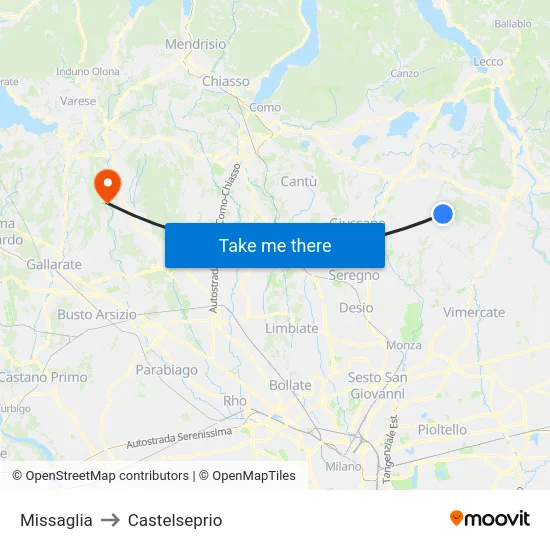 Missaglia to Castelseprio map
