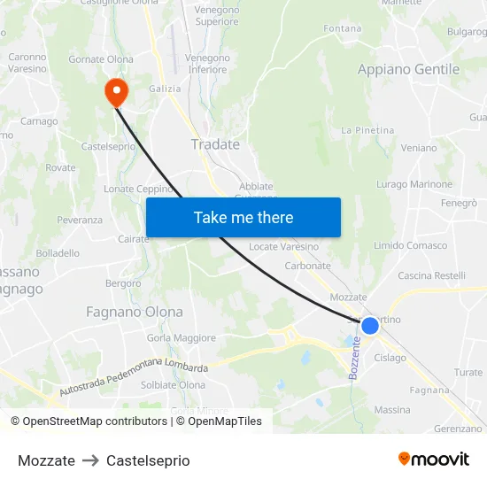 Mozzate to Castelseprio map