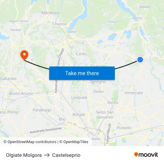 Olgiate Molgora to Castelseprio map
