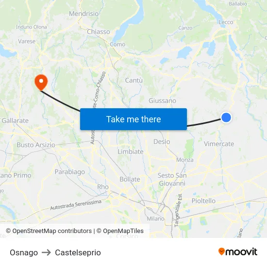 Osnago to Castelseprio map