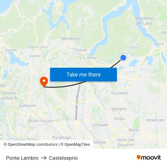 Ponte Lambro to Castelseprio map