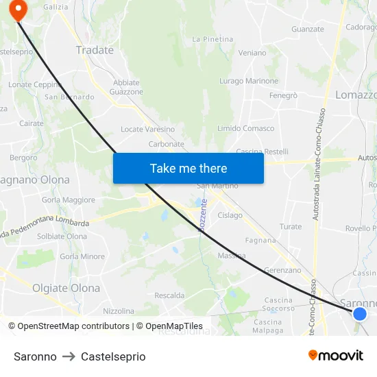 Saronno to Castelseprio map