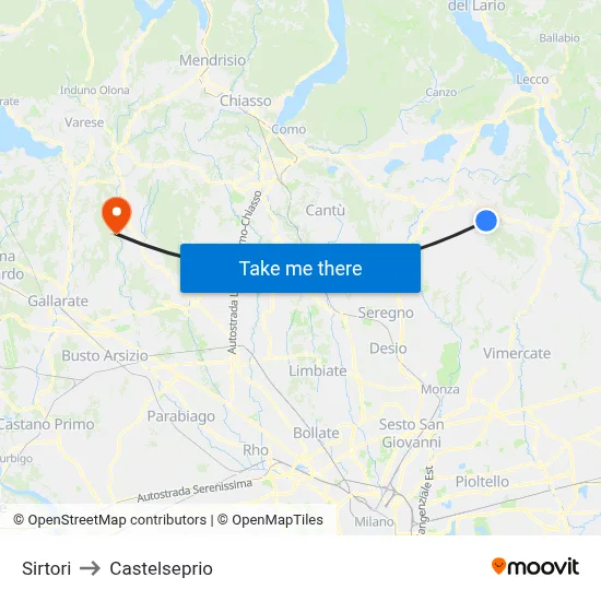 Sirtori to Castelseprio map