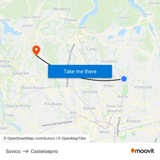 Sovico to Castelseprio map
