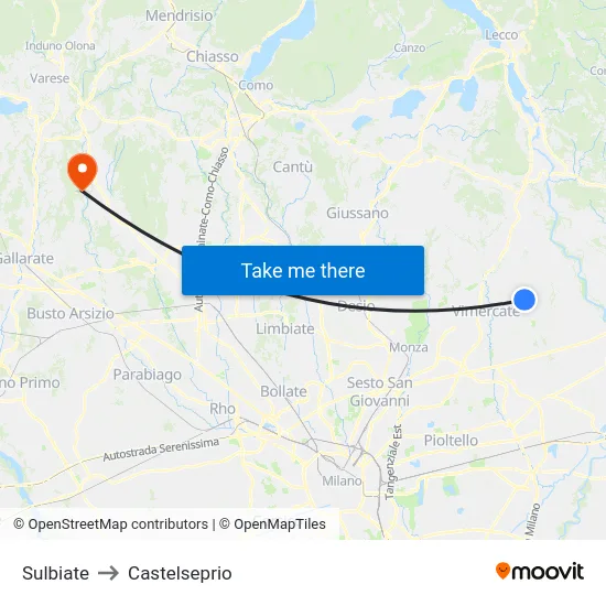 Sulbiate to Castelseprio map