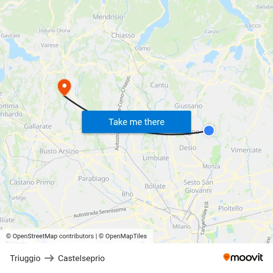 Triuggio to Castelseprio map